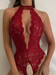 Classic Sexy Bow Detail Lace Halter Teddy Bodysuit Without Panty