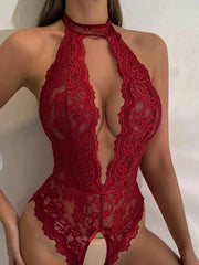 Classic Sexy Bow Detail Lace Halter Teddy Bodysuit Without Panty