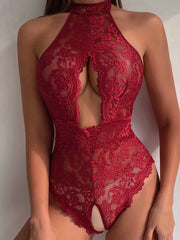 Classic Sexy Floral Lace Scallop Trim Crotchless Teddy Bodysuit