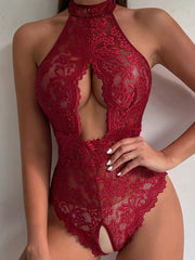 Classic Sexy Floral Lace Scallop Trim Crotchless Teddy Bodysuit