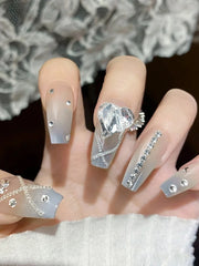 24pcs Long Coffin Shaped Nail Tips With Rhinestone Chain Decor, Includes 1 Nail File & 1 Jelly Gel