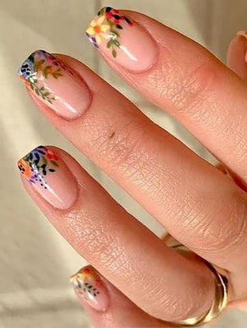 Elevate Your Style With 24pcs Wild Flower Pattern Long Square Vibrant Full Cover Fake Nail Kit