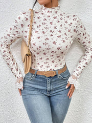 Frenchy Ditsy Floral Print Contrast Embroidery Mesh Flare Sleeve Mock Neck Tee Summer Tops