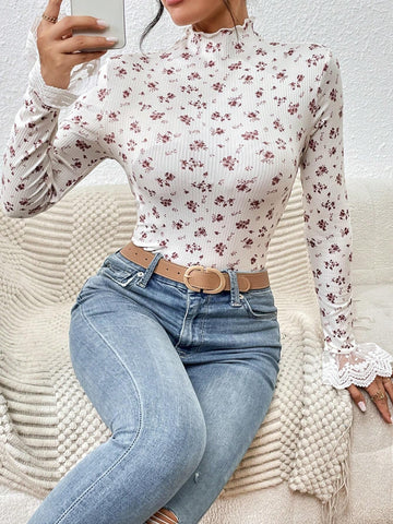 Frenchy Ditsy Floral Print Contrast Embroidery Mesh Flare Sleeve Mock Neck Tee Summer Tops