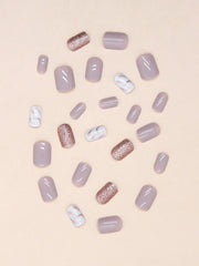 24pcs Short Square Elegant Marble Pattern Glitter Wearable False Nails + 1 Nail File + 1 Jelly Glue