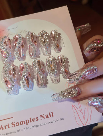 24pcs Y2K Aesthetic Sparkling Full Diamond Ballet NailsGlitter False Nails with 1pc Jelly Gel & 1pc Nail File for women