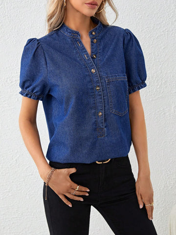 LUNE Half Button Patched Pocket Puff Sleeve Denim Top