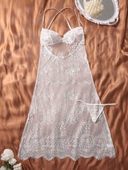 Ladies' Mesh Embroidery Sexy Slip Dress & Thong Set