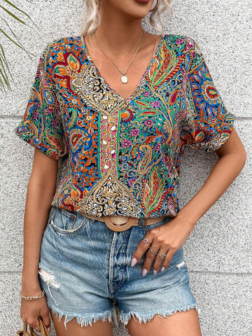 LUNE Paisley Print Batwing Sleeve Blouse