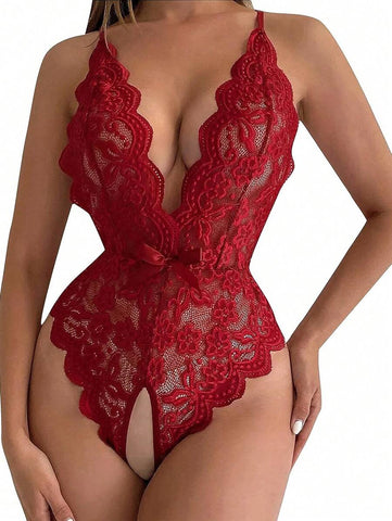1pc Women's Sexy Lingerie Halter Neck Lace Backless Bodysuit With G-string