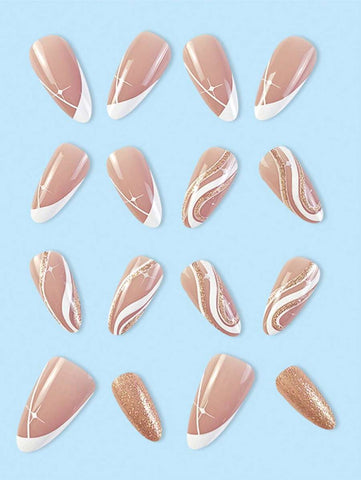 Upgrade Your Nail Style: 24pcs Medium-long Almond Shaped White Glitter & Champagne Colored Star Shaped Nail Art, Including 1pc Nail File & 1pc Jelly Gel