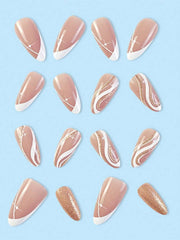 Upgrade Your Nail Style: 24pcs Medium-long Almond Shaped White Glitter & Champagne Colored Star Shaped Nail Art, Including 1pc Nail File & 1pc Jelly Gel