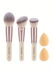 3pcs Makeup Brushes&2pcs Beauty Blenders,Foundation Brush, Contour Brush,Makeup Tools With Soft Fiber For Easy Carrying,Brush For Travel