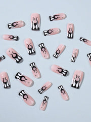 24pcs Long Coffin Shaped Nail Tips With Rhinestone Chain Decor, Includes 1 Nail File & 1 Jelly Gel