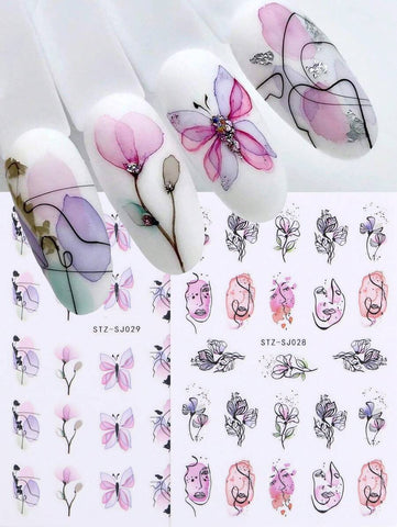 2pcs Watercolor Flowers Abstract Face Nail Art Stickers Decals 3D Adhesive Charms Butterfly Nail Sliders Manicure Decorations