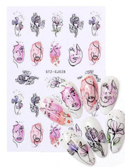 2pcs Watercolor Flowers Abstract Face Nail Art Stickers Decals 3D Adhesive Charms Butterfly Nail Sliders Manicure Decorations