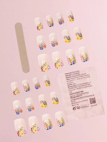 Elevate Your Style With 24pcs Wild Flower Pattern Long Square Vibrant Full Cover Fake Nail Kit
