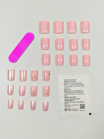 24pcs Short Square False Nails Wearable Manicure Press On Nails Set, Aurora Pink