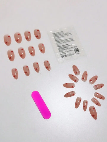 Cute Red Heart 24Pcs Fake Nails Medium Length Almond Nails Simple Double Heart Shiny Press On Nail Gifts For Women Girls