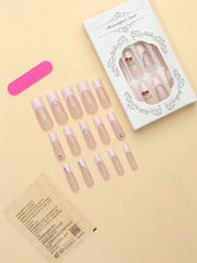 24pcs Coffin Shaped Press-On Nail Tips With Pink Rhinestone & 3d Cherry Decorations, Including 1pc Nail File & 1pc Jelly Glue