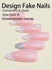 24pcs Glossy Almond Shaped White French Tip Nail With Silver Glitter Accent, Suitable For Women And Girls, Simple French Nail Design Great For School, Comes With 1 Nail File, 1 Jelly Glue Piece