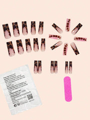 Get Glamorous With 24Pcs Long Square Brown Spotted French Style Full Cover Fake Nail For Women And Girls Comes With 1 Piece Of Jelly Gel And 1 File Strip