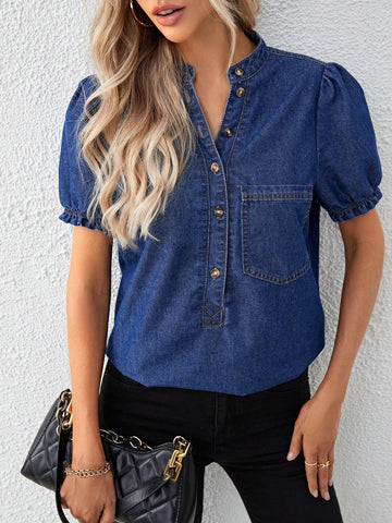 LUNE Half Button Patched Pocket Puff Sleeve Denim Top