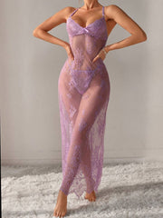 Ladies' Mesh Embroidery Sexy Slip Dress & Thong Set