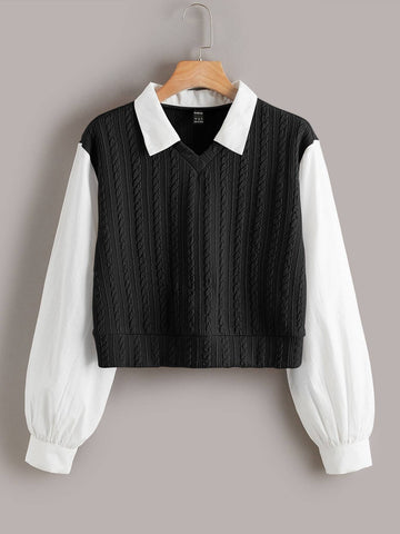 Qutie Contrast Collar Cable Knit 2 In 1 Blouse