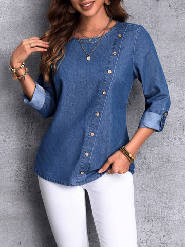 LUNE Denim Top With Slanted Placket And Roll-Up Sleeve